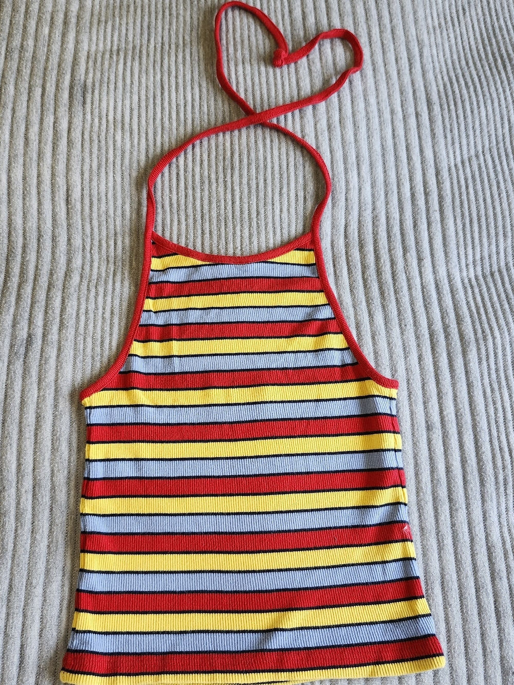 Brandy Melville Red Blue Yellow Striped Knit Halter Top Tie Backless Cropped